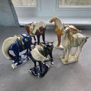 Set/5 Chinese, Tang Style. Sancai Glazed, Pottery War Horse Figurines, Vintage